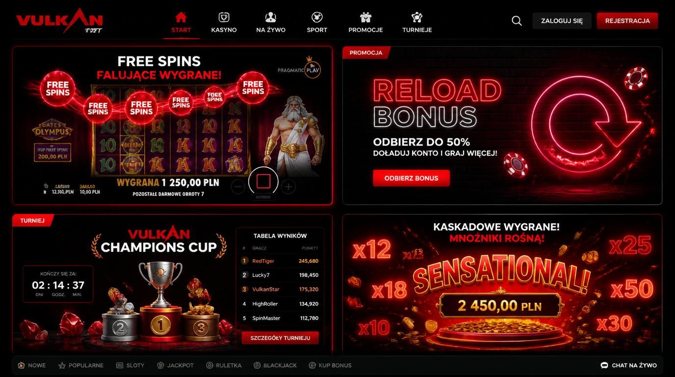 baner z promocją rejestracyjną, turniej slotów, reload bonus i darmowe spiny w VulkanBet
