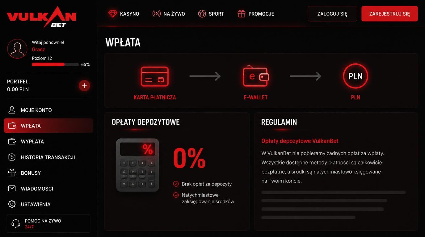 Interfejs kasyna z ikonami opłat, portfela, karty i regulaminu w PLN
